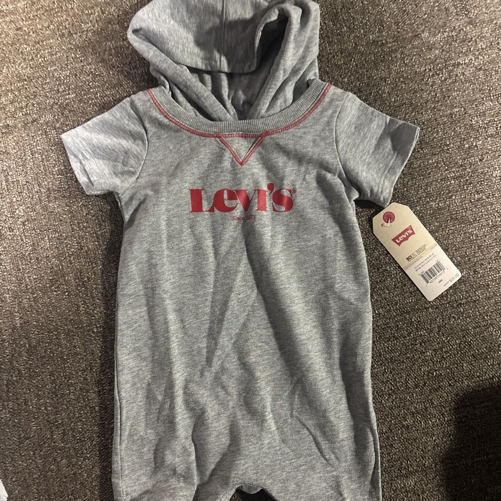 Levi's Gray Hooded Baby Romper with Red Logo